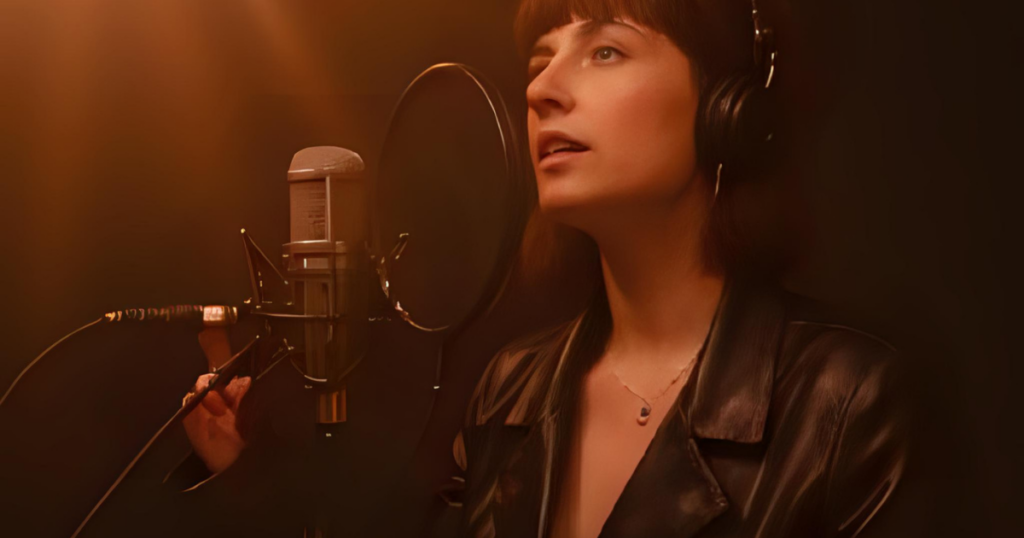 Cantor usando microfone profissional condensador em estúdio